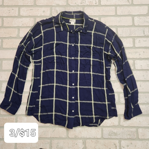 STYLUS Womens Button Down Blouse SOFT Navy Blue + Lime Green Size L - Picture 1 of 14